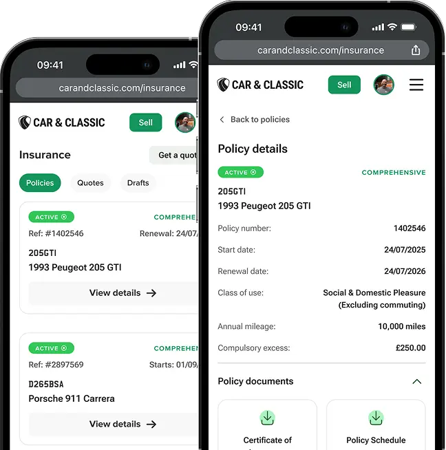 Car & Classic insurance account showing policy details
