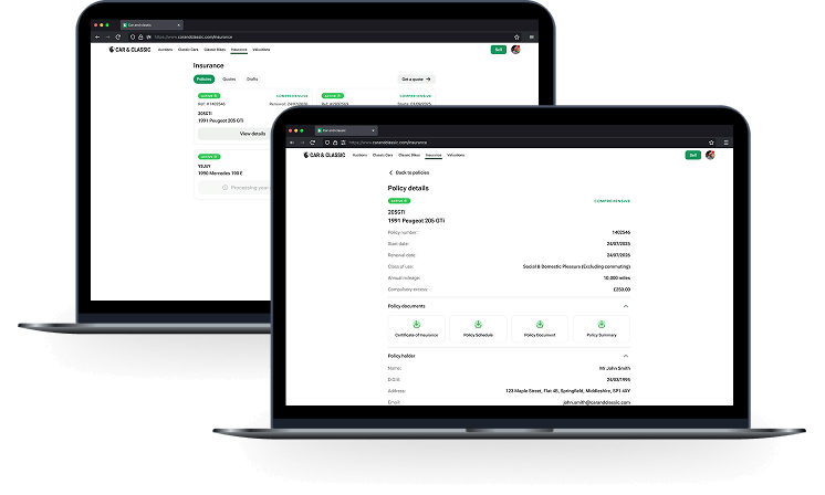 Car & Classic insurance account showing policy details